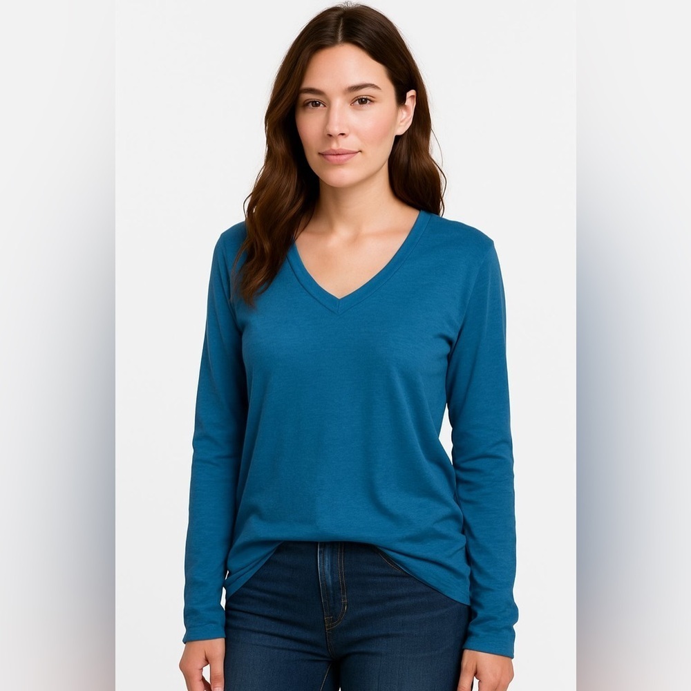 Crossley Women’s Blue Lightweight Cotton Knit Long Sleeve V-Neck Shirt | Size L